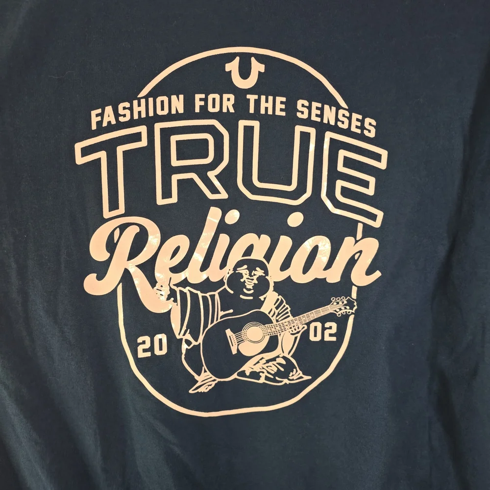 Vintage Y2K 2002 True Religion Buddha Guitar Men's XL T-shirt Blue EUC